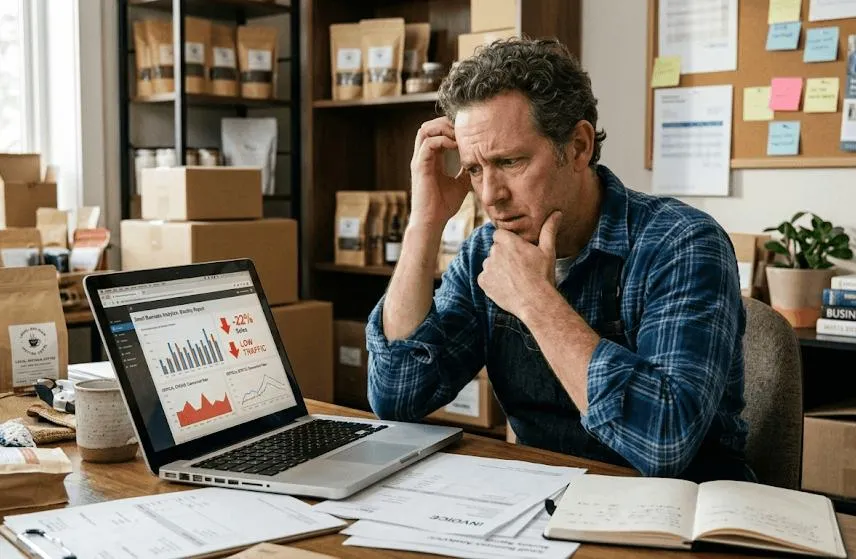 Local business owner reviewing online search visibility